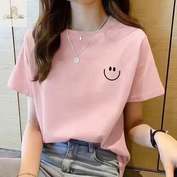 Áo thun nữ in hình biểu tượng cảm xúc đơn giản, kiểu dáng công sở tối giản, đa năng.