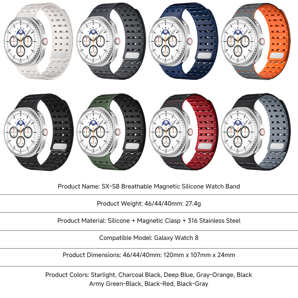 Không có khoảng cách dây đeo silicon từ tính cho vòng tay Samsung Galaxy Watch 8 40mm 44mm / 8 Classic 46mm