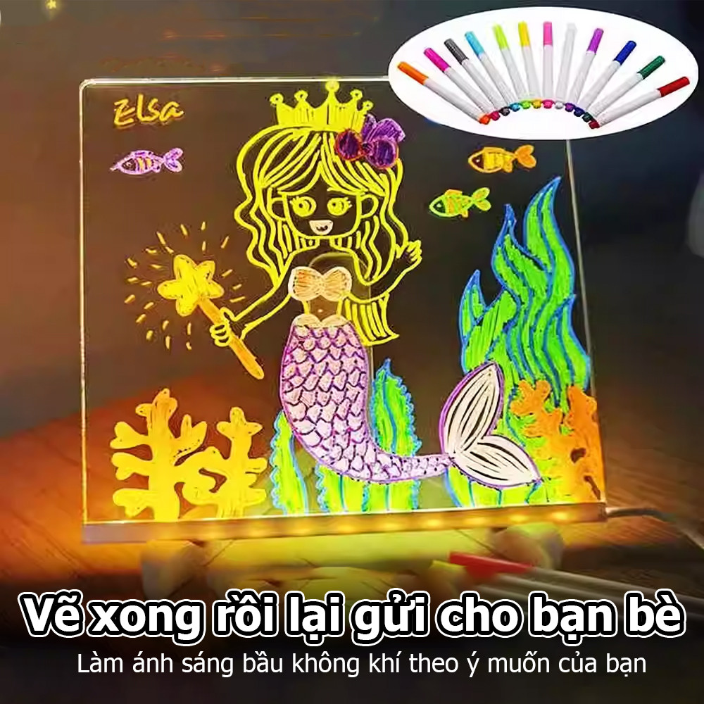 Bảng vẽ LED cho trẻ em, Bảng ghi chú LED kèm bút 7 màu, Bảng vẽ dạ quang cho bé gái và bé trai, có thể lau chùi