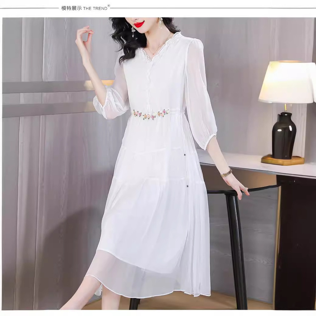 Đầm nữ cỡ lớn với thiết kế ôm eo thời trang, cổ áo xếp ly, tay áo ba phần tư, phong cách mùa hè mới,đầm dài vừa