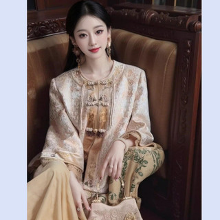 Bộ váy hai mảnh kiểu Trung Hoa cao cấp: áo khoác ren thêu jacquard dày dặn và chân váy ngắn cho Nữ