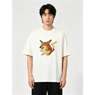 Áo thun nam Pikachu Shiba Inu in hình trừu tượng một mặt，kiểu dáng thường ngày，đa năng，thoải mái và thoáng khí, cổ tròn