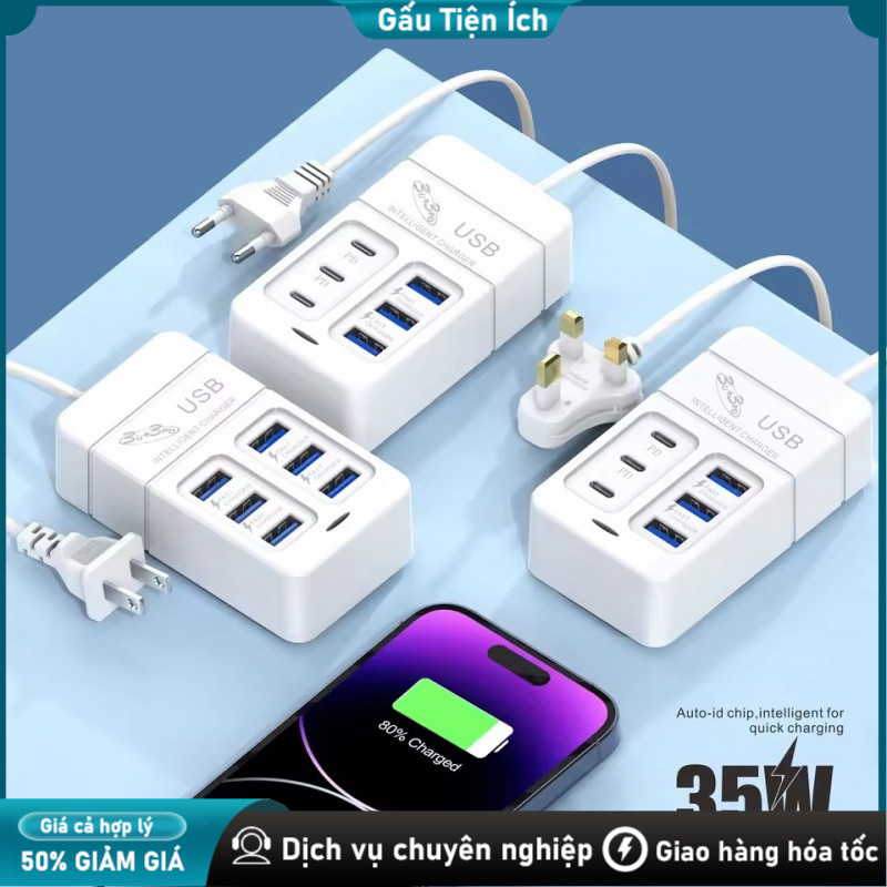 Sạc nhanh 35W 6 cổng đa thiết bị gia đình phích EU Công suất 35W،EU،Cắm nhiều thiết bị cùng lúc،Tương thích đa thiết bị