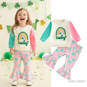Bộ bé gái 6M-4Y Áo dài tay thêu cầu vồng với quần loe in hình Shamrock