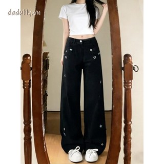 DADUlily |  Quần Jean Cắt Thẳng Màu Đen, Kiểu Mỹ, Thêu Ngôi Sao, Quần Ống Rộng Nữ, Quần Cạp Cao 018