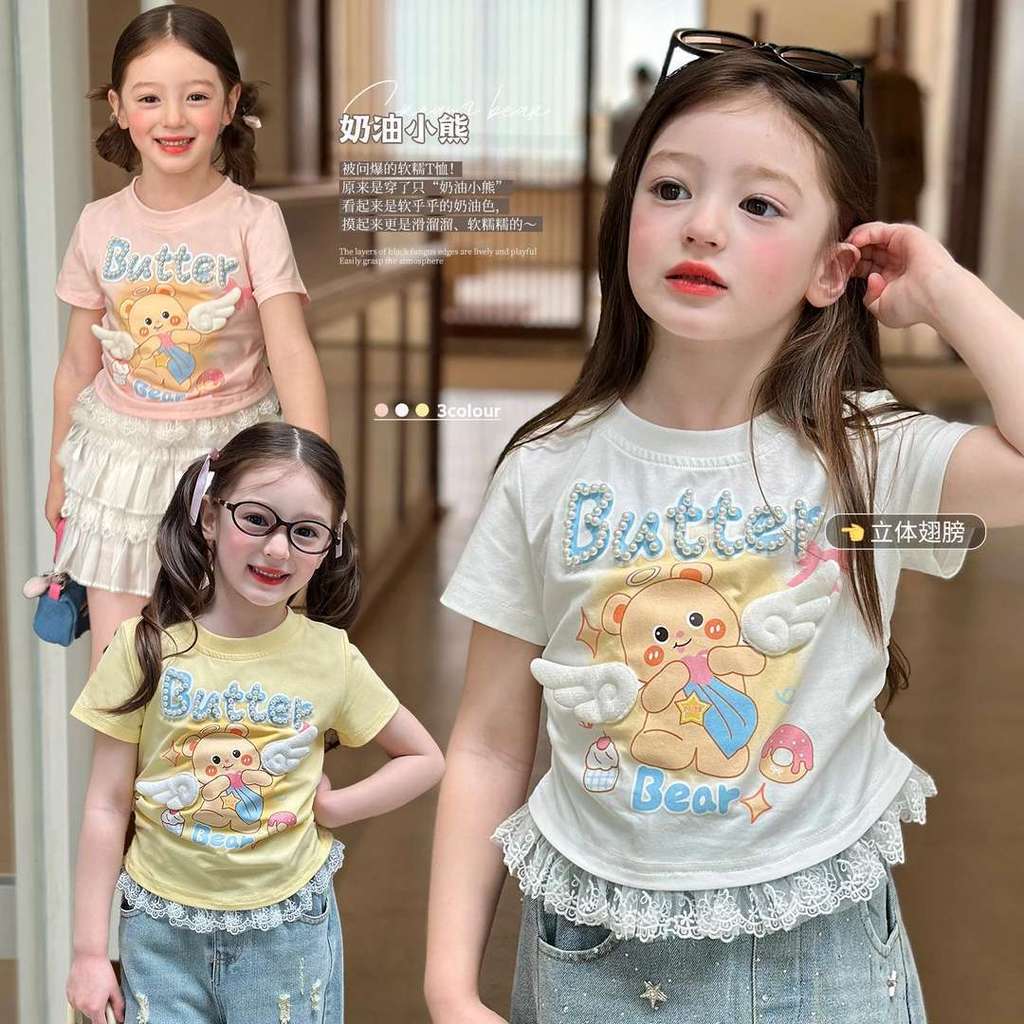 Bé Gái Mùa Hè Phong Cách Mới Tay Ngắn Top Bé Ngọt Ngào Hoạt Hình Dễ Thương In Hình Áo Thun Ren