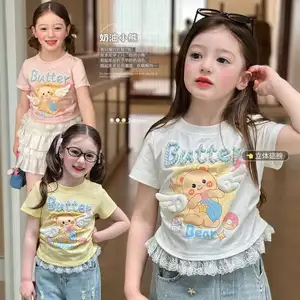 Bé Gái Mùa Hè Phong Cách Mới Tay Ngắn Top Bé Ngọt Ngào Hoạt Hình Dễ Thương In Hình Áo Thun Ren