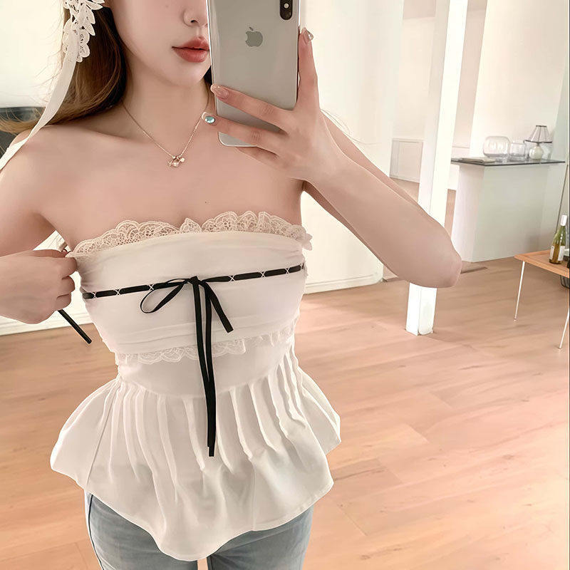 Mẫu Top Nữ Slim Fit Mùa Hè, Phong Cách Ren và Nơ, Phù Hợp với Miếng Lót Ngực