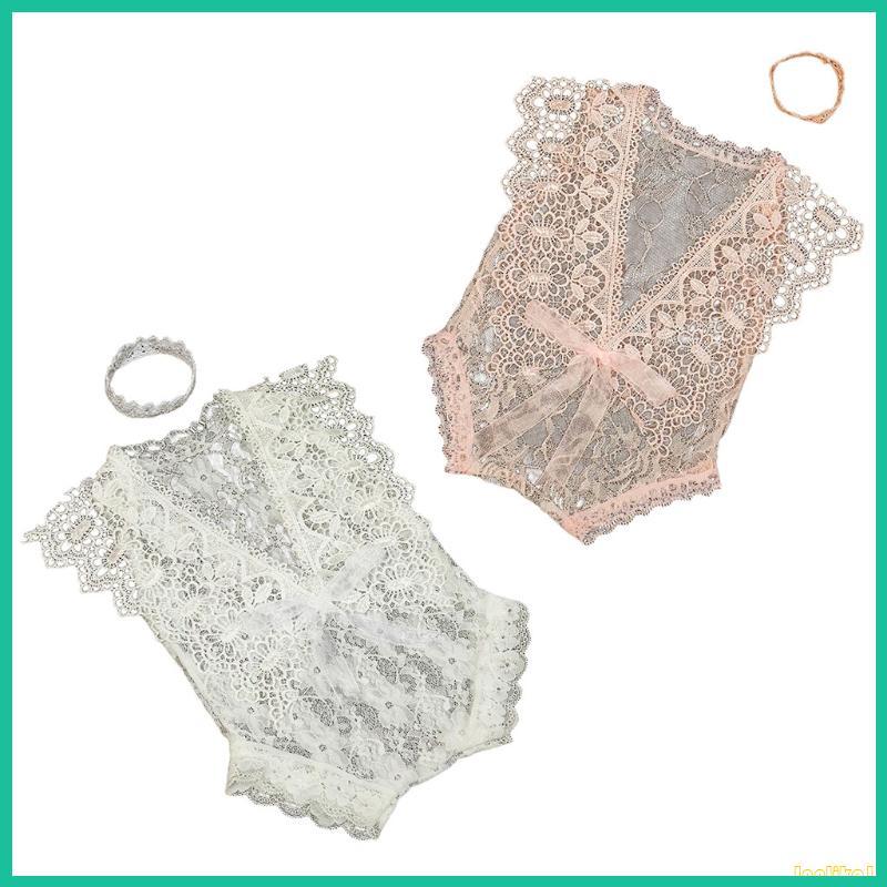 Innlike1 Đạo Cụ Chụp Ảnh Sơ Sinh Vương Miện Bé Băng Đô Ren Rỗng Ra Áo Liền Quần Body