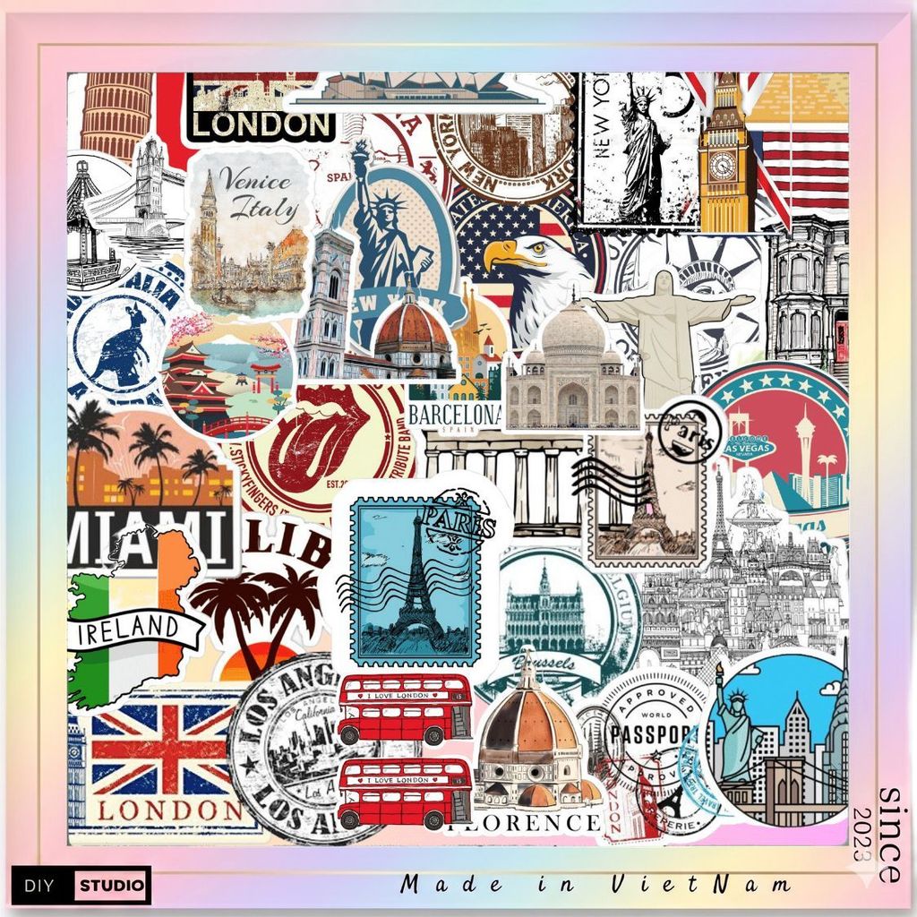 100 Chiếc Sticker Chống Nước KÌ QUAN THẾ GIỚI - TRAVEL DU LỊCH Dùng Dán Mũ Bảo Hiểm, Laptop, Vali, Xe Máy, Đàn Guitar