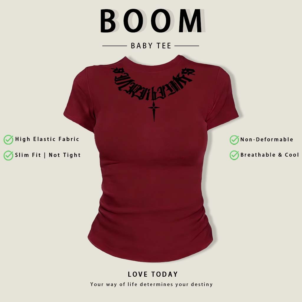 BOOM Áo Baby Tee Nữ Cotton Ôm Body-Áo Thun Ngắn Tay Y2K In Hình PhongCách Mùa Hè, Cổ Tròn Hàng Đầucách hàn quốc phongW75
