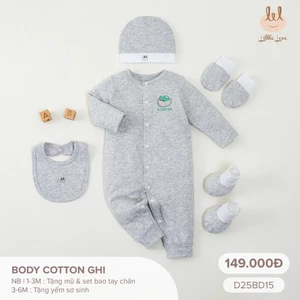 Sơ Sinh Dài Tay Body vải mềm mát và co dãn tốt [ D25BD15] TẶNG KÈM MŨ BAO CHÂN, TAY HOẶC YẾM