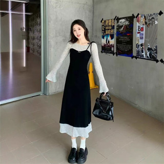 Đầm Dài Tay Dệt Kim Giả Hai Mảnh Kích Cỡ Lớn Đầm Màu Sắc Khối Cho Phụ Nữ Đầm Giảm Cân Mùa Thu