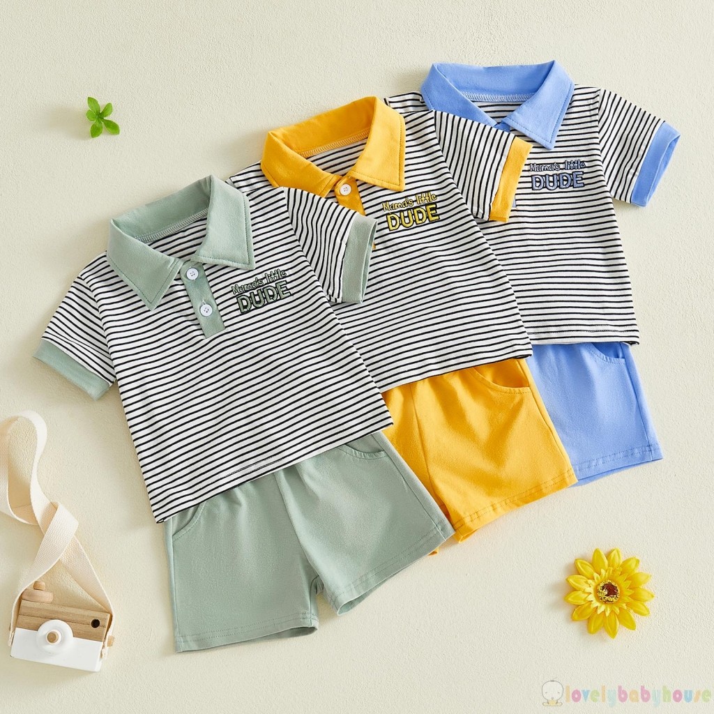 LBH-Boys Mùa Hè Tay Ngắn Ve Áo Thêu Chữ Sọc Áo Và Quần Short Màu Trơn