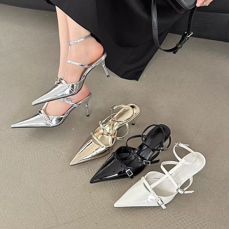 TT Châu Âu Mỹ Mũi Nhọn Giày Sandal Nữ Khóa Phẳng Bằng Sáng Chế Da Cao Gót Sang Trọng Giày Đơn
