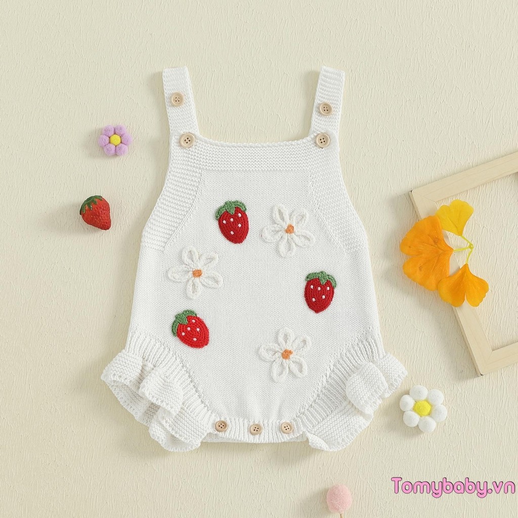 Bé Gái Đan Áo Liền Quần Móc Hoa Dâu Tây Không Tay Cổ Vuông Jumpsuit