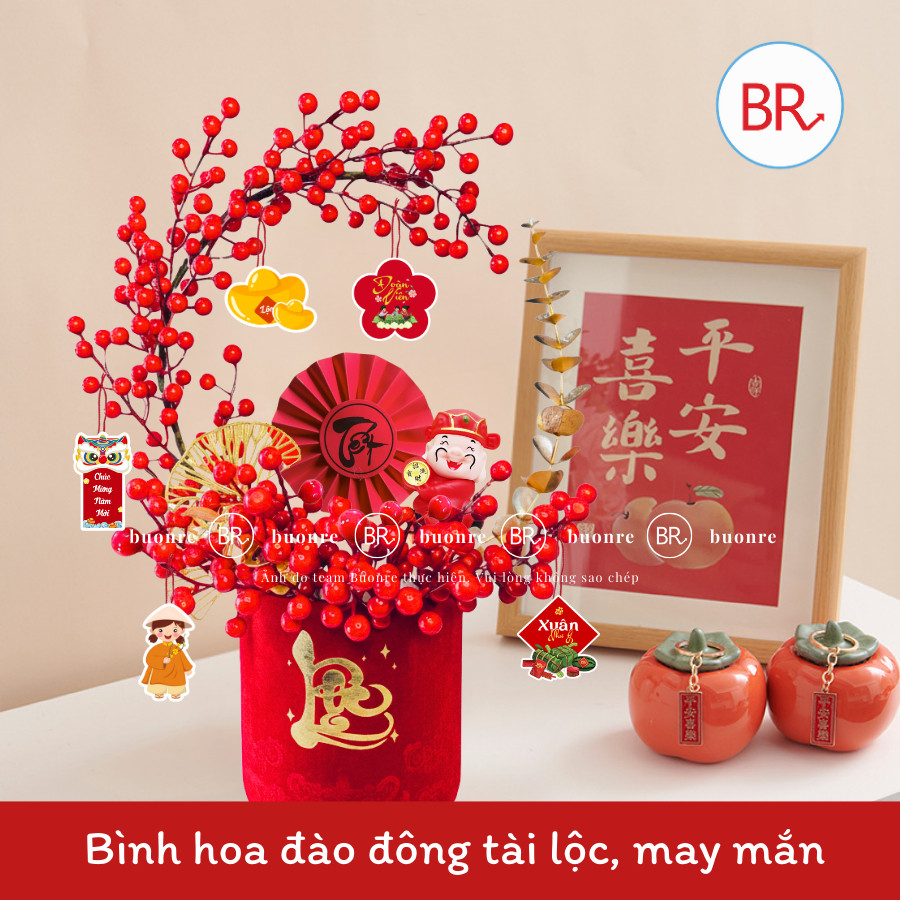 [Tết 2026]Set nguyên liệu cắm bình Đào Đông Lộc Minh Xuân đón tài lộc–Cành hoa trang trí Tết kèm bình trụ nhung đỏ