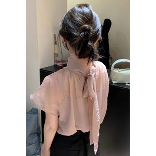 Áo sơ mi tay ngắn kaki voan phong cách Hàn Quốc, thiết kế nơ ruy băng, phù hợp mùa hè