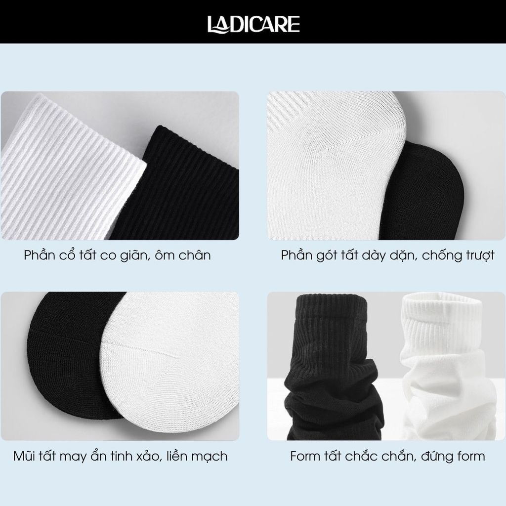 Tất vớ trơn cổ trung, cao, thấp nam nữ LADICARE cotton cao cấp, êm ái co dãn thoáng khí khử mùi, thấm hút tối đa