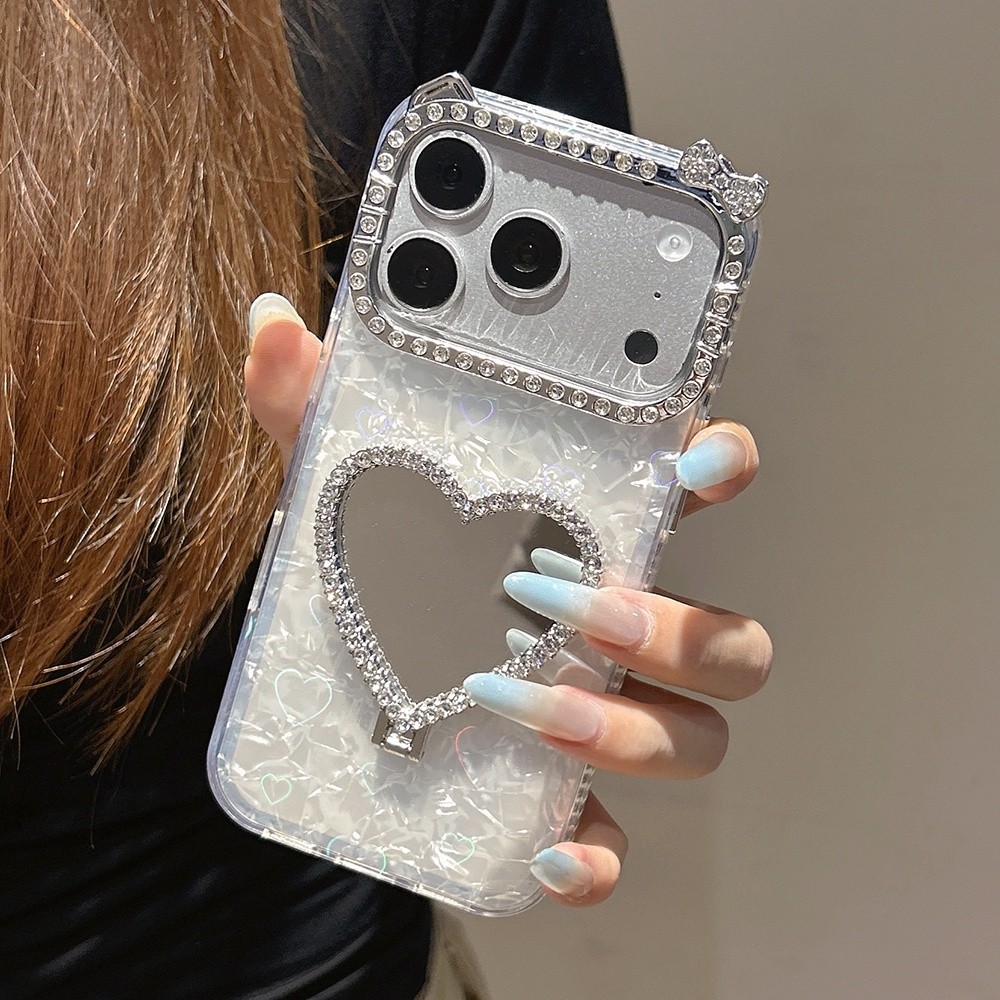 3D Trái Tim Tình Yêu Gương Giá Đỡ Kim Cương Tai Mèo Acrylic Ốp Lưng Điện Thoại iPhone 17 Pro Max 17 Air 16 Plus 15 14 13 12 11 Vỏ Bảo Vệ Chống Sốc