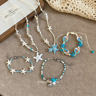 DREJEW Bộ Vòng Tay & Dây Chuyền Cổ Hình Sao Biển Vỏ Sò Dây Có Thể Điều Chỉnh Giữ Màu Bền Lâu Phong Cách Bãi Biển Đi Du Lịch Chụp Ảnh