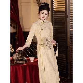 Đầm sườn xám cao cấp cỡ lớn mới cho nữ mùa xuân/thu, đầm nữ kiểu Trung Quốc mới giúp thon gọn và tôn dáng.