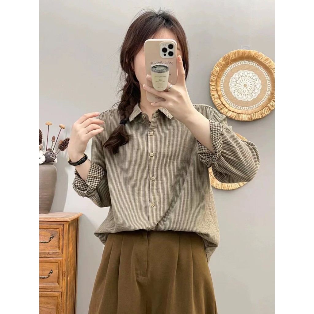 Áo sơ mi nữ cotton chất lượng cao, thiết kế retro, phù hợp xuân thu đa năng