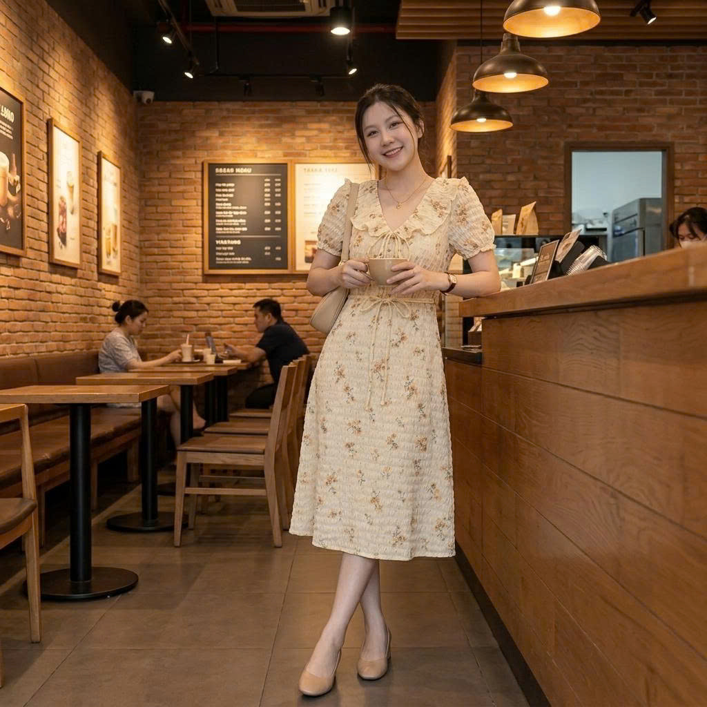 Váy hoa nhí dáng dài phối cổ bèo đi biển siêu xinh Linh Tây.Clothing - V001