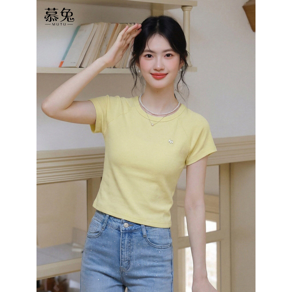 Mutu Áo Sơ Mi Vàng Ngọt Ngào Vai Ngắn Cho Nữ, Slim-Fit Ôm Body, Thích Hợp Mùa Hè