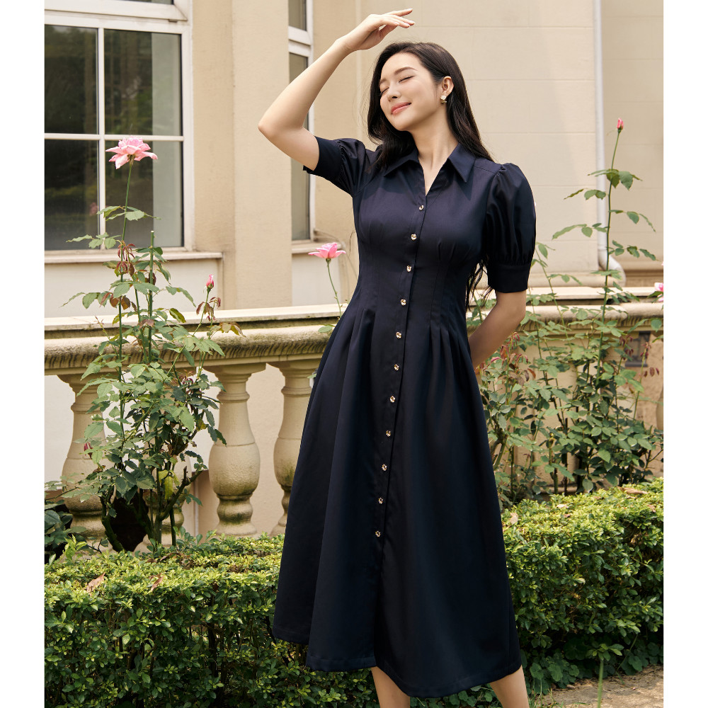 Đầm sơ mi nữ ELLA DORA dáng dài nẹp giấu phối cúc đồng thanh lịch dễ mặc 4 mùa màu XANH NAVY [D230]