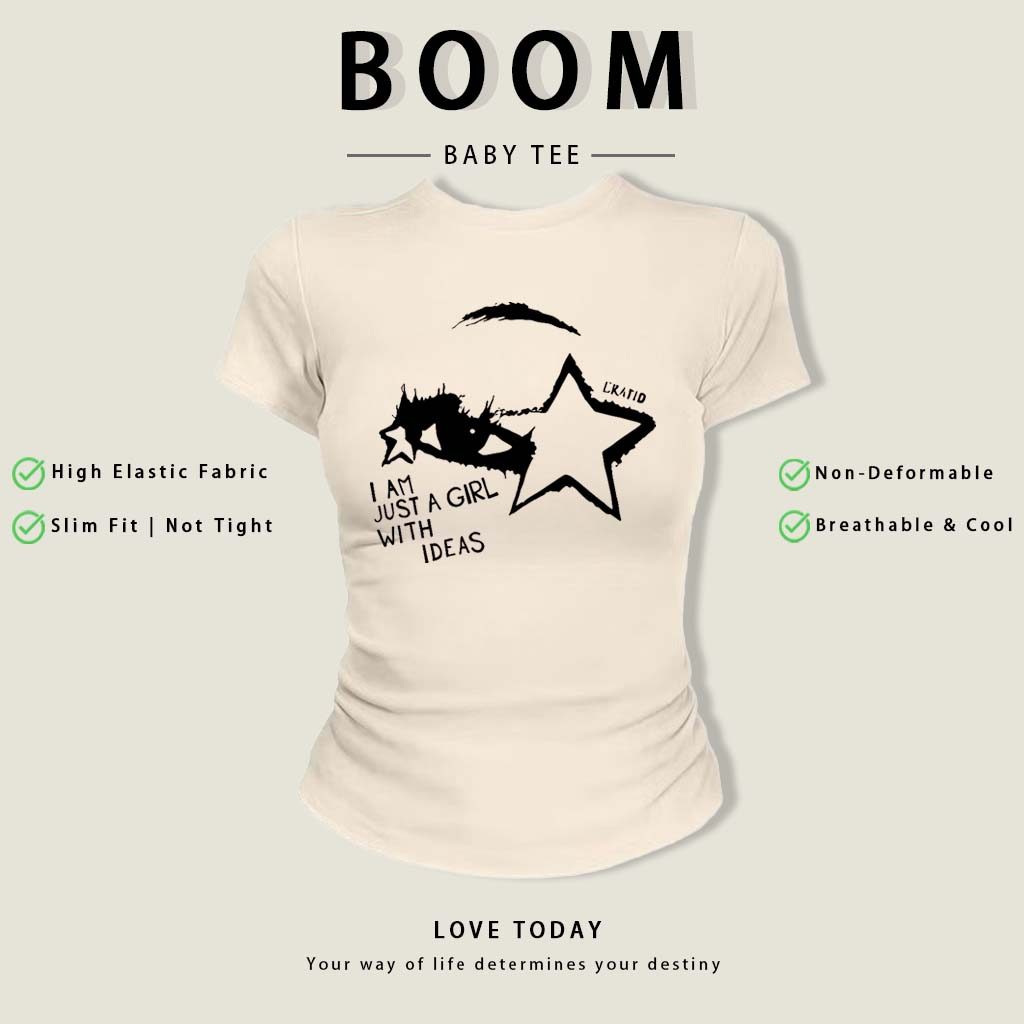 BOOM Áo Baby Tee Nữ Cotton Ôm Body-Áo Thun Ngắn Tay Y2K In Hình PhongCách Mùa Hè, Cổ Tròn Hàng Đầucách hàn quốc phongW23