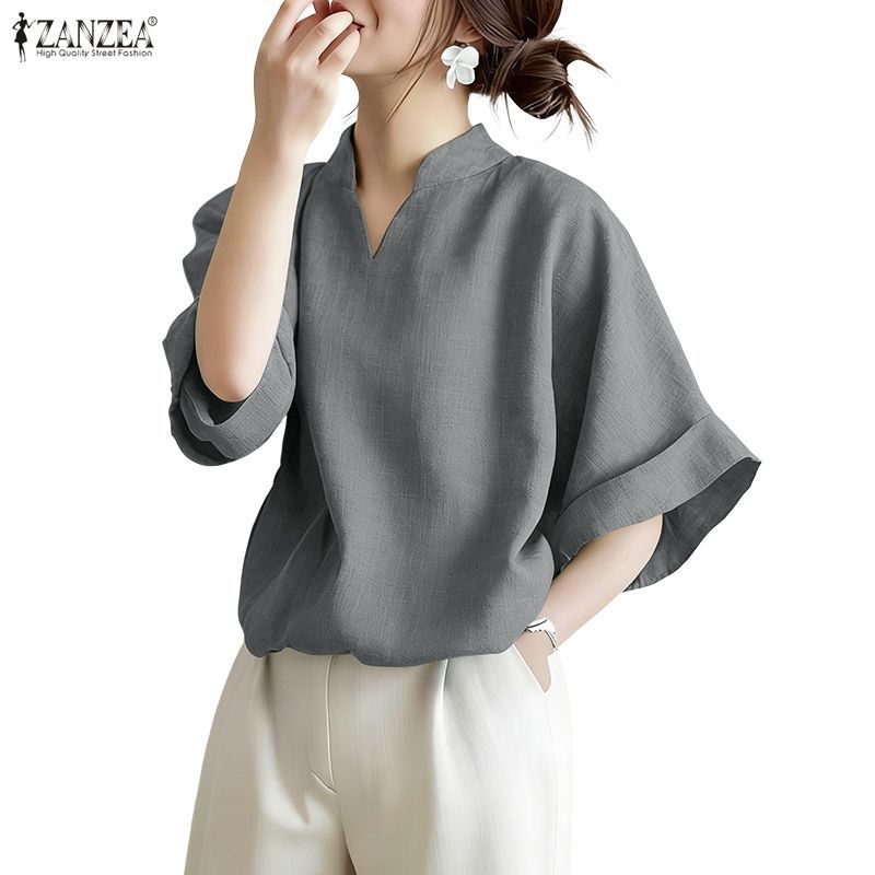 ZANZEA Đầm Nữ Dáng Đứng Cổ Chữ V, Tay 3/4, Màu Trơn - Phong Cách Hàn Quốc