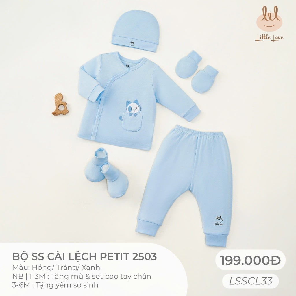 Bộ sơ sinh cài lệch Vải petit { Siêu mềm, mát, mịn, co dãn} Lil Little Love (LSSCL33) TẶNG KÈM MŨ BAO CHÂN, TAY HOẶC Yếm