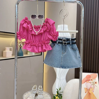 Bộ đồ bé gái Áo xù thời trang và váy Denim Bộ đồ hai mảnh, Thắt lưng miễn phí