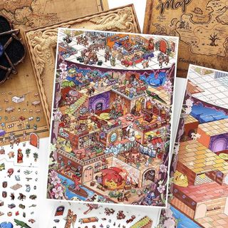 ENWEI 4 Cái [Dòng Lâu Đài] Nhãn Dán Phong Cảnh 3D Chống Nước Cực Lớn Dungeon Phiêu Lưu Phong Cách Hoạt Hình Cho Thêu Sò Nhật Ký Đồ Thủ Công DIY