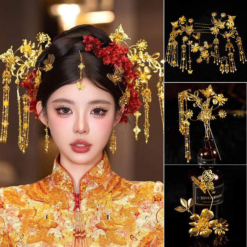 Mũ đội đầu cô dâu rồng vàng phượng hoàng, kẹp tóc đơn giản, phụ kiện tóc cưới retro