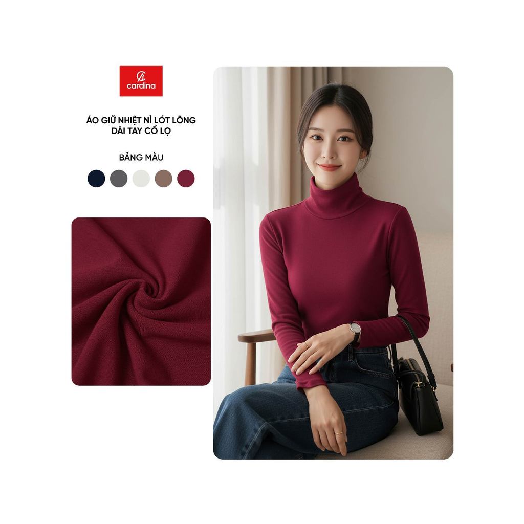 Áo giữ nhiệt nữ CARDINA chất liệu nỉ lông cừu dài tay cổ lọ 5AHF08
