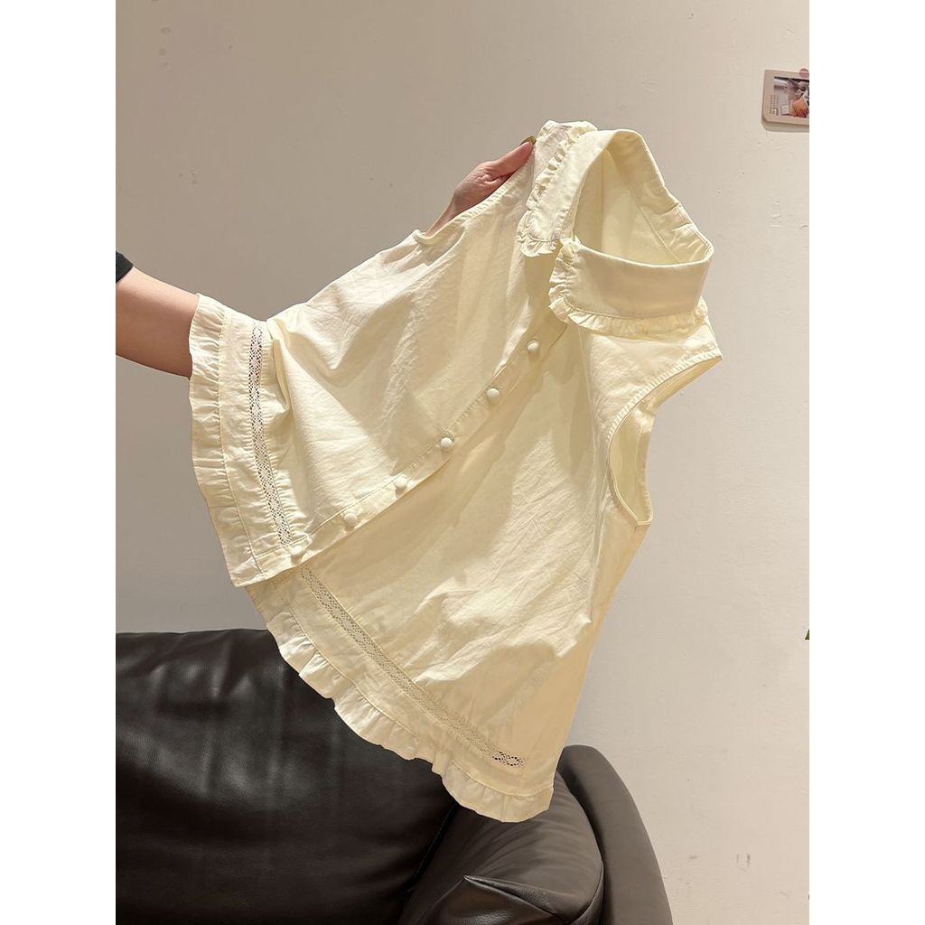 Áo vest áo yếm nữ màu vàng không tay cổ búp bê viền nấm, phong cách mới cho mùa hè
