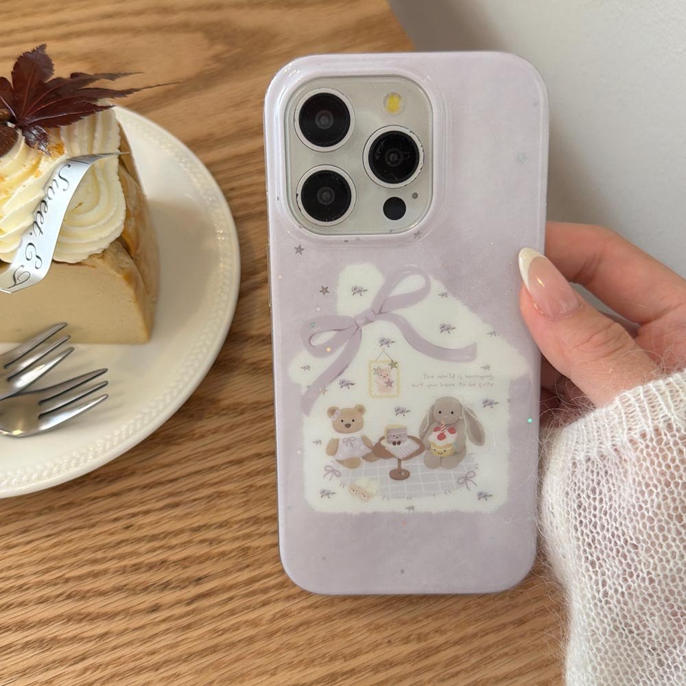 Vỏ cứng dạng bột lấp lánh Tương thích với iPhone 13 14 14Pro 14ProMax 15 15Pro 15ProMax 16 16Pro 16ProMax 17 17Pro 17ProMax Ốp họa tiết gấu nơ tím