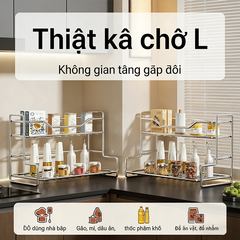 Kệ Để Đồ Đa Năng 2 Tầng Bằng Inox - Đựng Gia Vị & Dụng Cụ Bếp, Thiết Kế Thoáng, Dễ Lau Chùi, Giúp Gian Bếp Ngăn Nắp