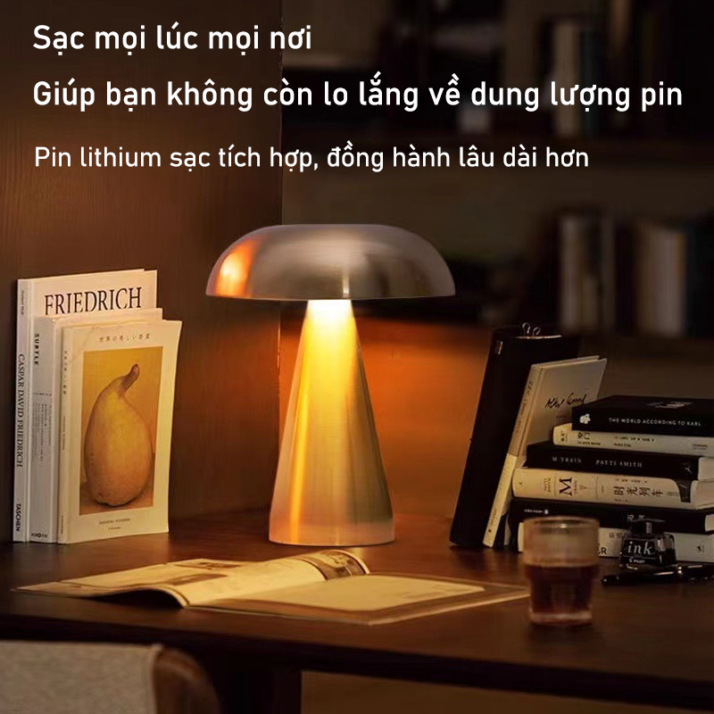 Đèn Bàn Hình Nấm Kim Loại Phong Cách Bắc Âu – Sạc Type-C, 3 Chế Độ Ánh Sáng, Đèn Đầu Giường Phòng Ngủ