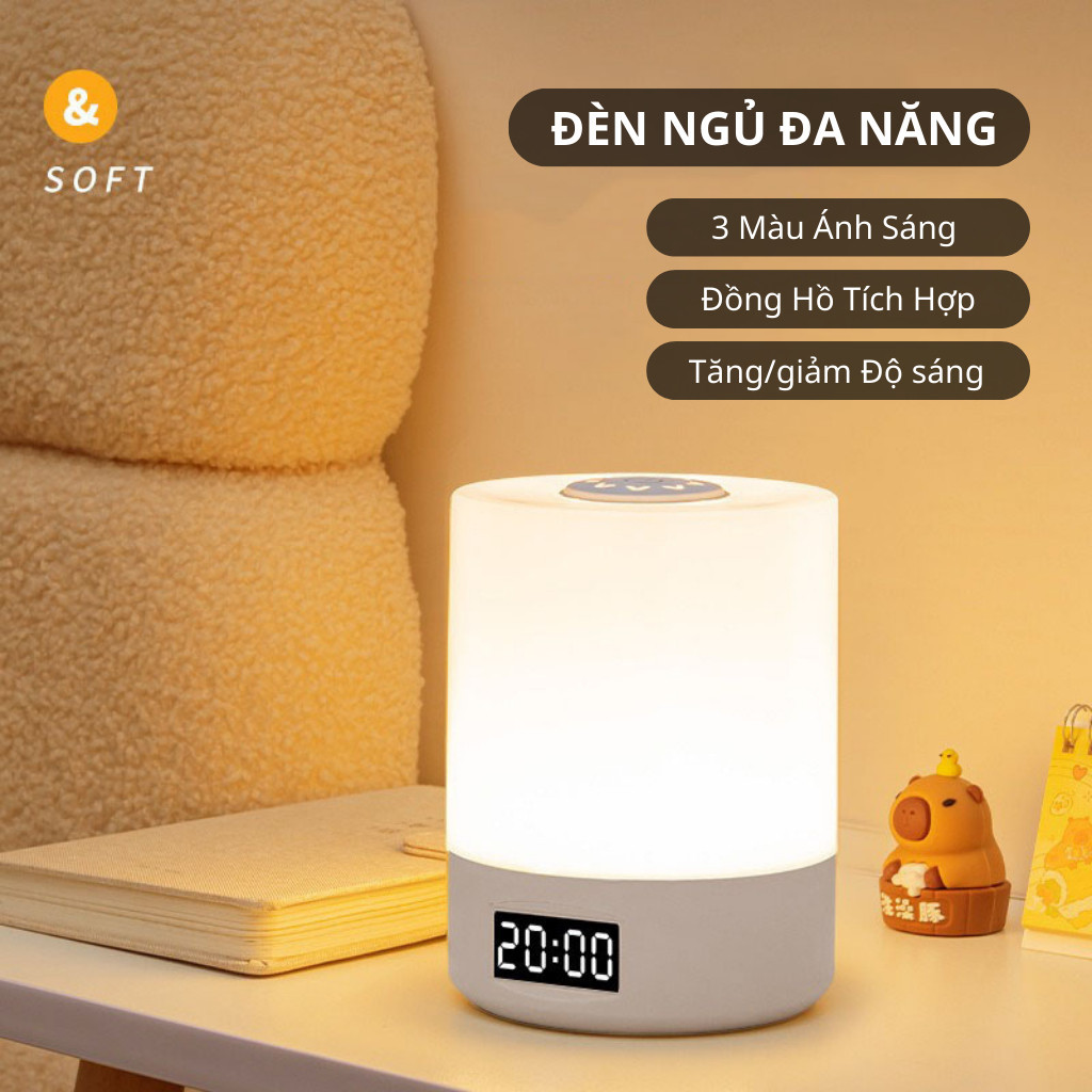 Đèn ngủ để bàn tích điện cảm ứng đa năng 3 màu ánh sáng, đèn ngủ led tích hợp đồng hồ trang trí phòng ngủ