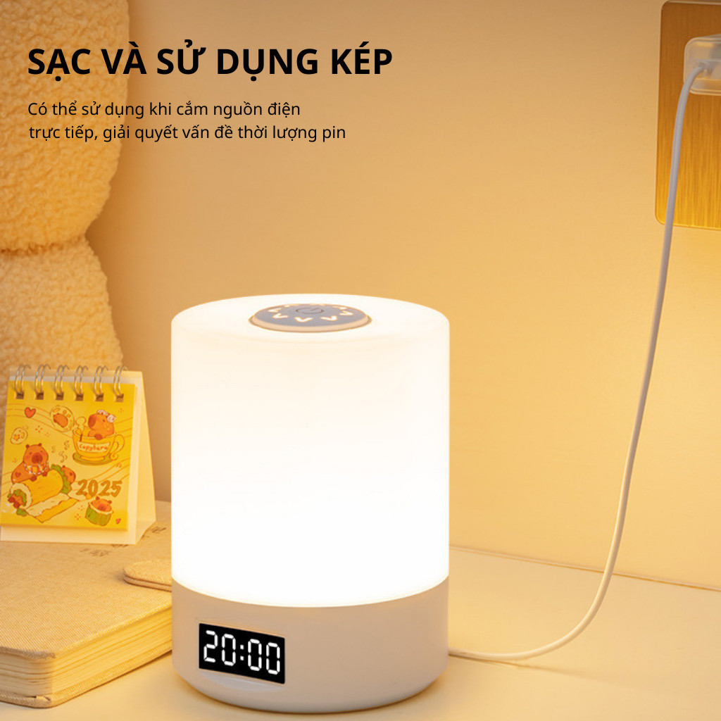 Đèn ngủ để bàn tích điện cảm ứng đa năng 3 màu ánh sáng, đèn ngủ led tích hợp đồng hồ trang trí phòng ngủ