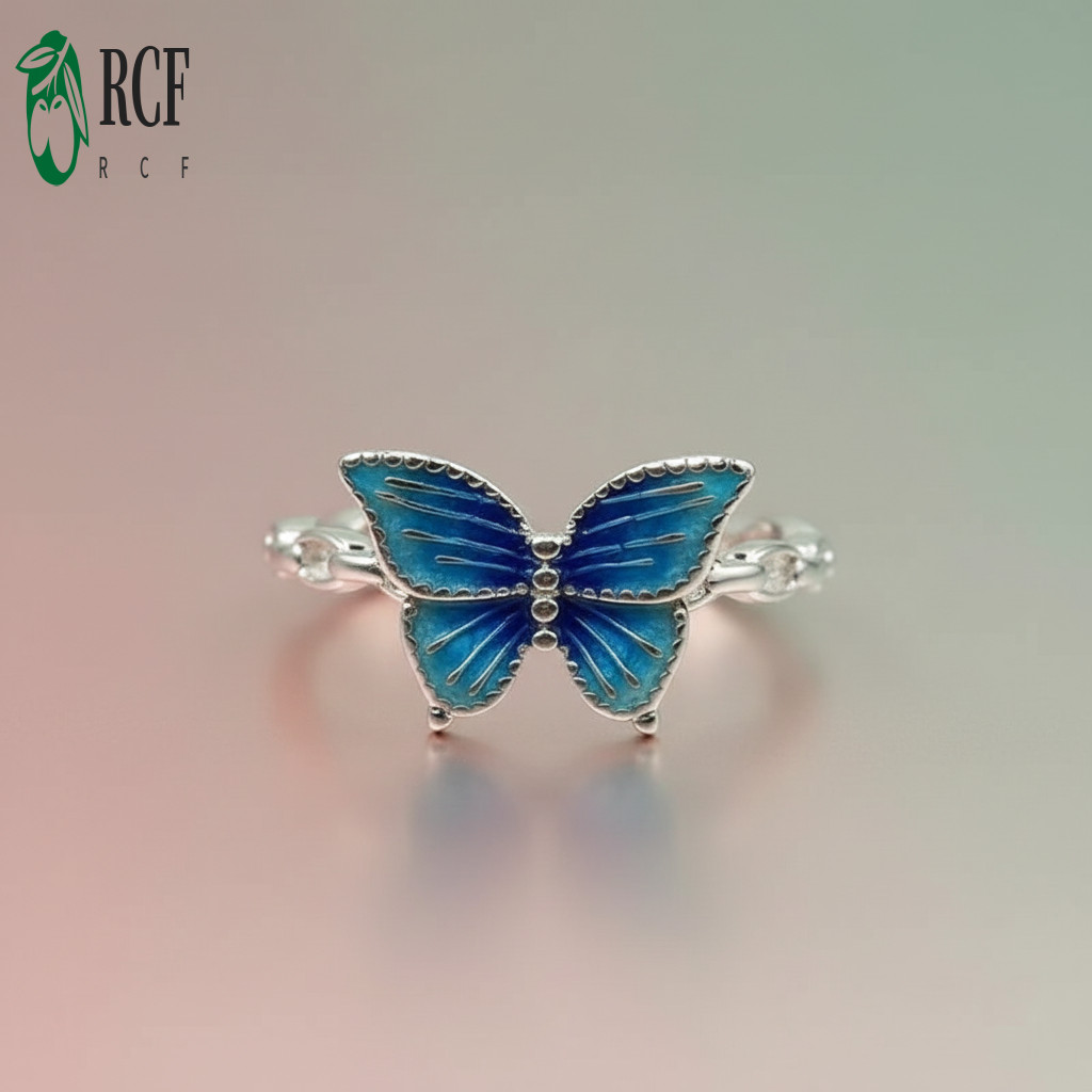 Nhẫn bướm men bạc màu gradient, phong cách Trung Hoa vintage cho nữ