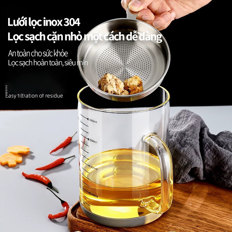 Ca Lọc Dầu Ăn Thủy Tinh Borosilicate - Bình Lọc Dầu Nắp Inox 304, Dung Tích 800-1300ml, Lọc Cặn Tiện Lợi