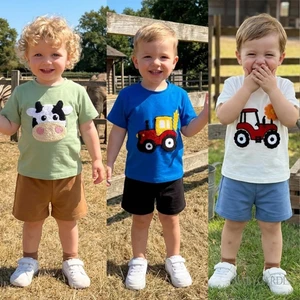 6m-4y Bé Trai Mùa Hè Bộ Máy Kéo / Bò Thêu Tay Ngắn Áo Quần Short Màu Trơn