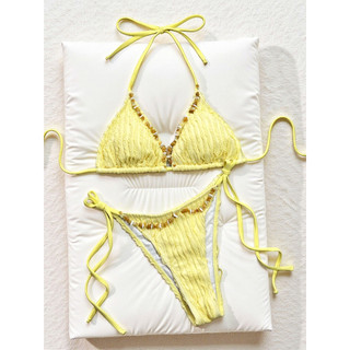 Đồ bơi nữ dây màu vàng cổ chữ V hai mảnh Bikini Đồ bơi