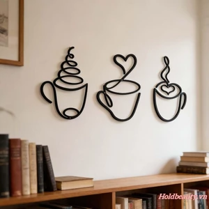 Bộ 3 trang trí tường bằng kim loại cà phê Nghệ thuật treo tường màu đen sáng tạo sành điệu cho quán cà phê phòng khách và hơn thế nữa