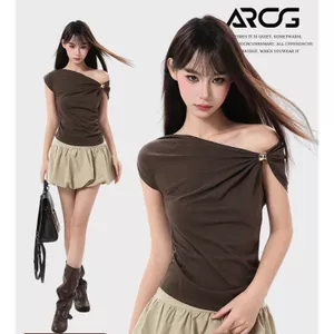 Milyfashion Loose Slim-fit Kích thước lớn Độ đàn hồi cao Trang trí ba chiều Vai nghiêng không đều T Summer Slim @ -