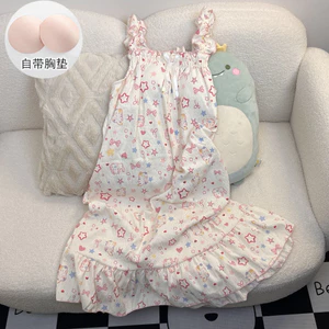 Mây Sợi Cotton Cảm Thấy Với Ngực Miếng Lót Váy Ngủ Nữ Ngọt Ngào Hoạt Hình Sling Rời Ôm Hơn Nhìn Cô Gái Dịch Vụ Tại Nhà